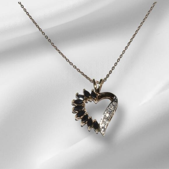 Black Sapphire Diamond Heart Pendant Necklace 18in Chain GP 925 Sterling Silver - Picture 4 of 6